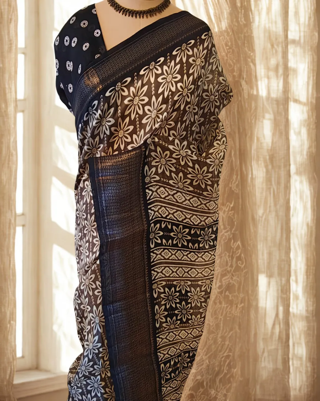 Coffee Brown Floral Printed Tussar Silk Saree