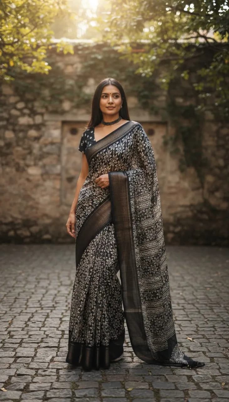 Coffee Brown Floral Printed Tussar Silk Saree