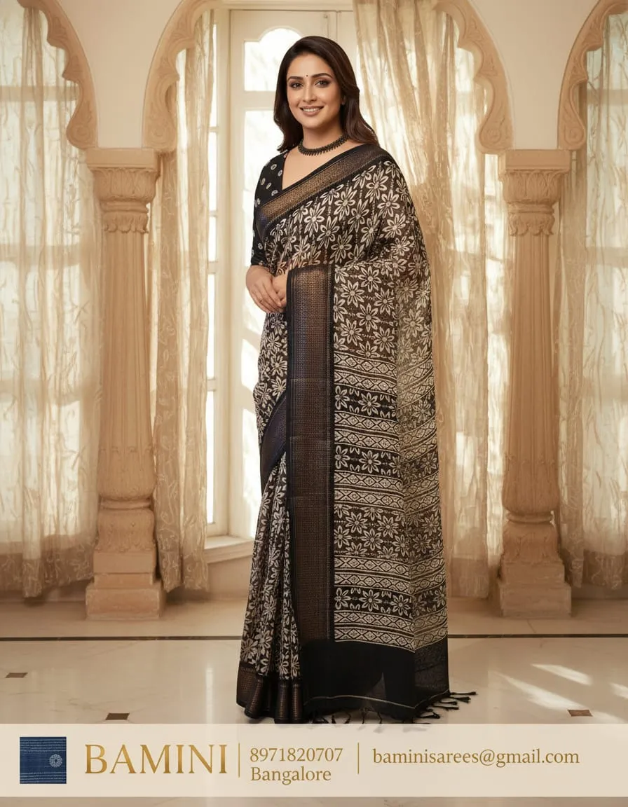 Coffee Brown Floral Printed Tussar Silk Saree