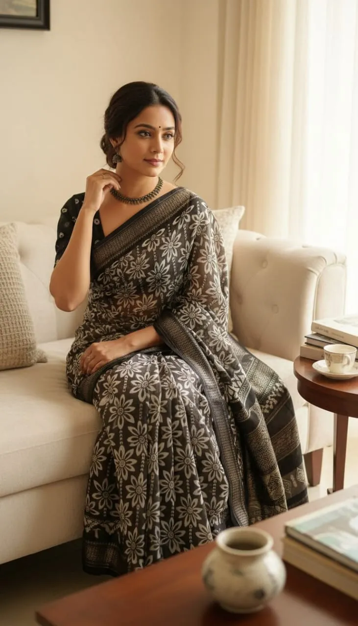 Coffee Brown Floral Printed Tussar Silk Saree