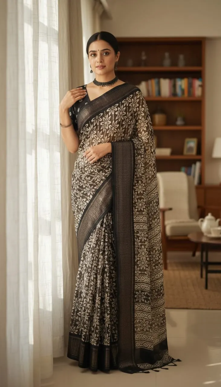 Coffee Brown Floral Printed Tussar Silk Saree