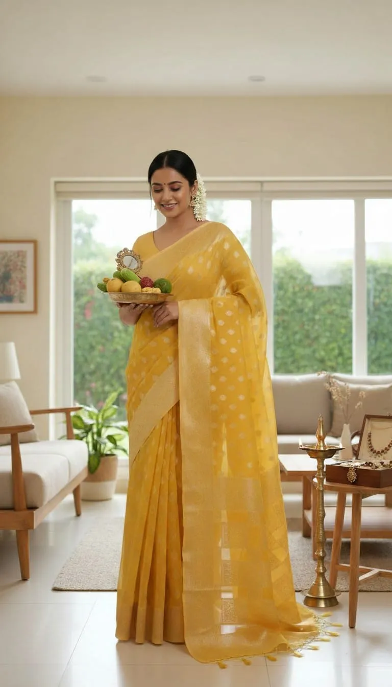 Mustard Yellow Cotton Silk Saree with Zari Butta