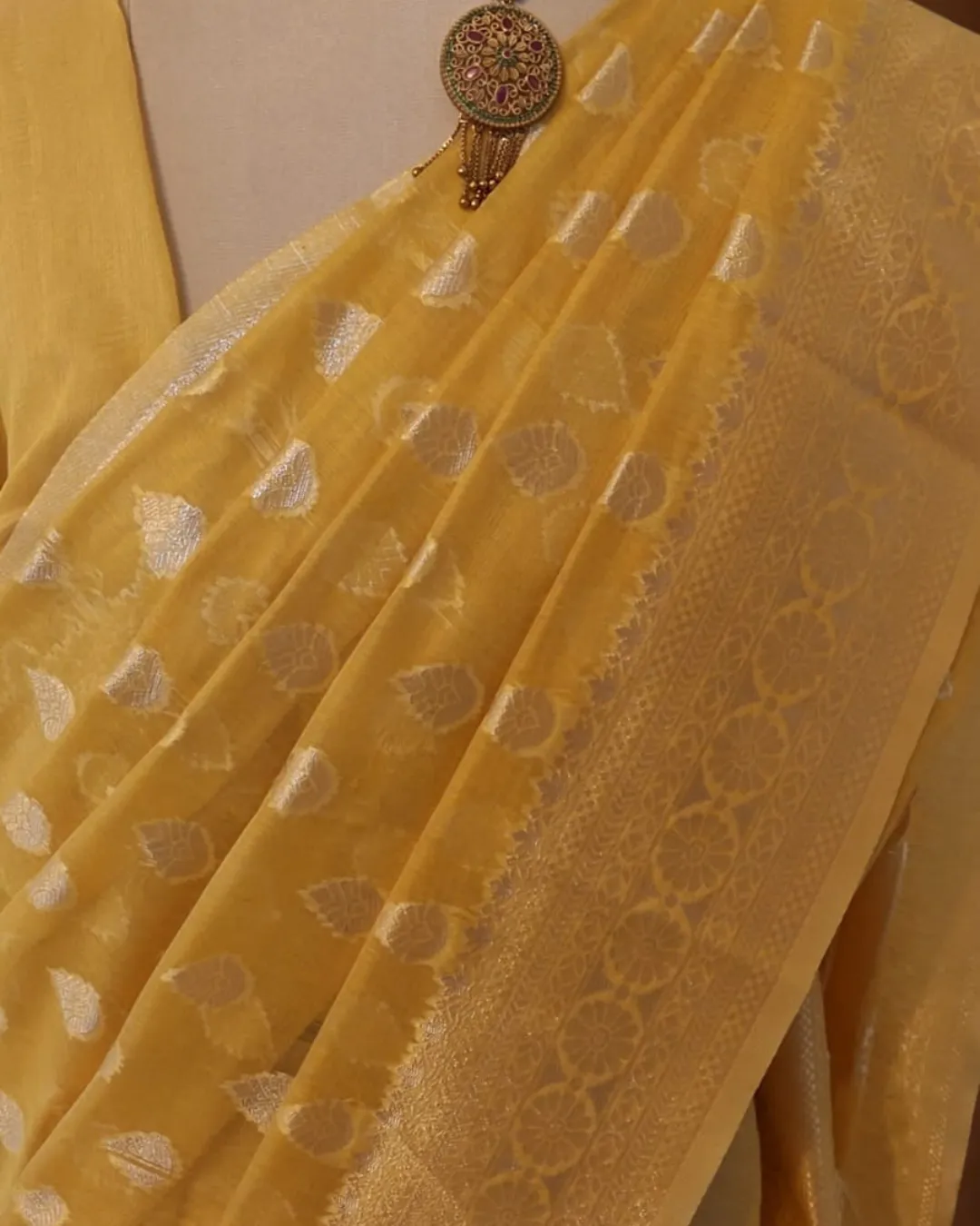Mustard Yellow Cotton Silk Saree with Zari Butta