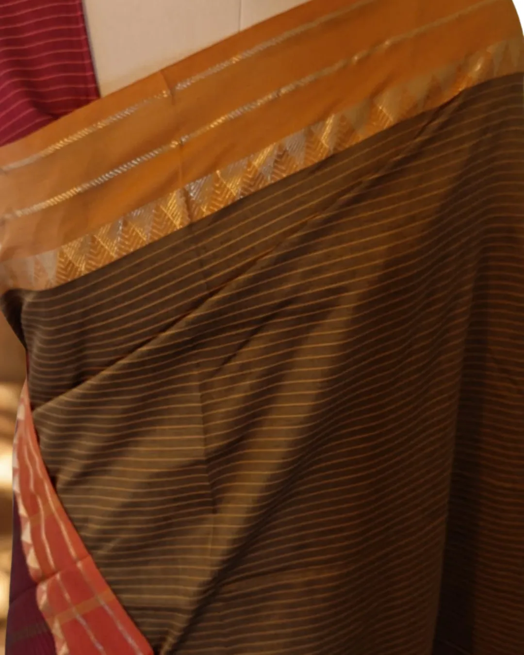 Olive Cotton Saree with Red Pallu