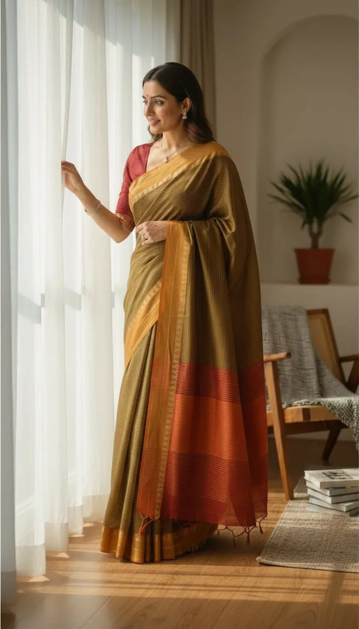 Olive Cotton Saree with Red Pallu