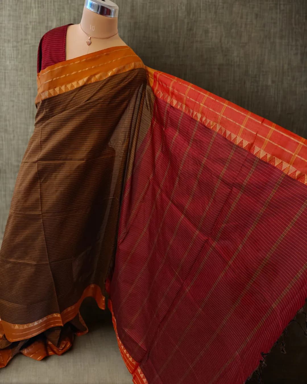 Olive Cotton Saree with Red Pallu
