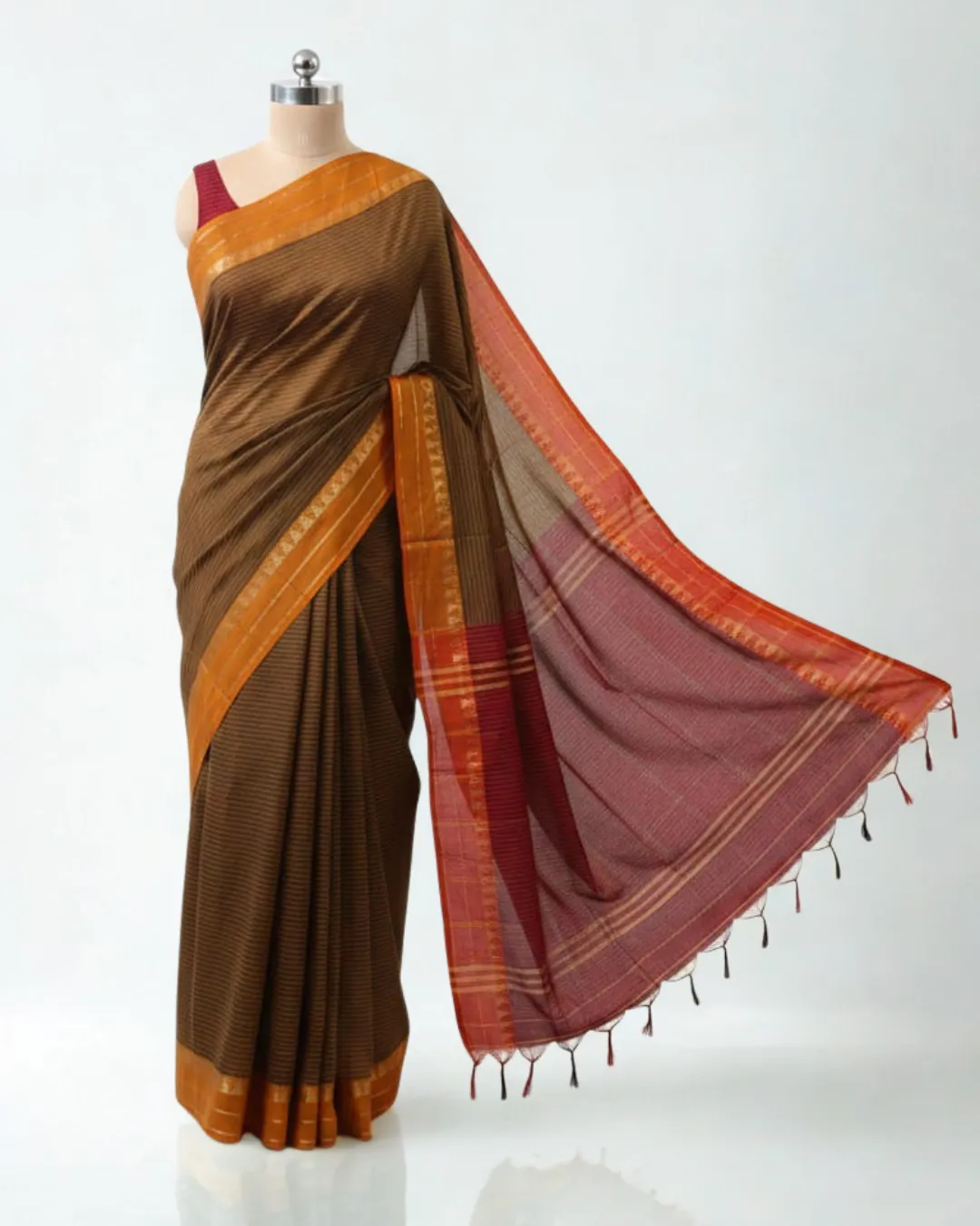 Olive Cotton Saree with Red Pallu