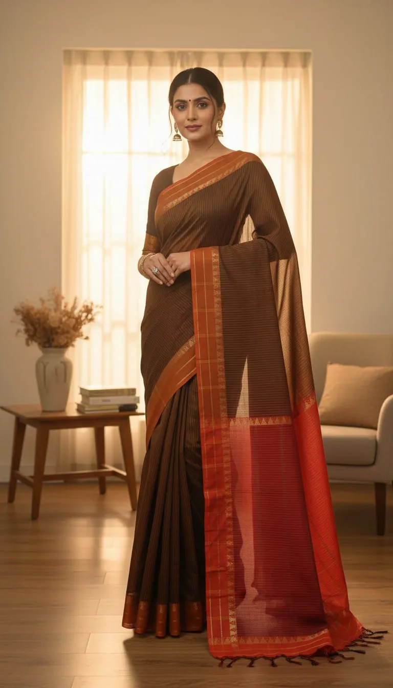 Olive Cotton Saree with Red Pallu