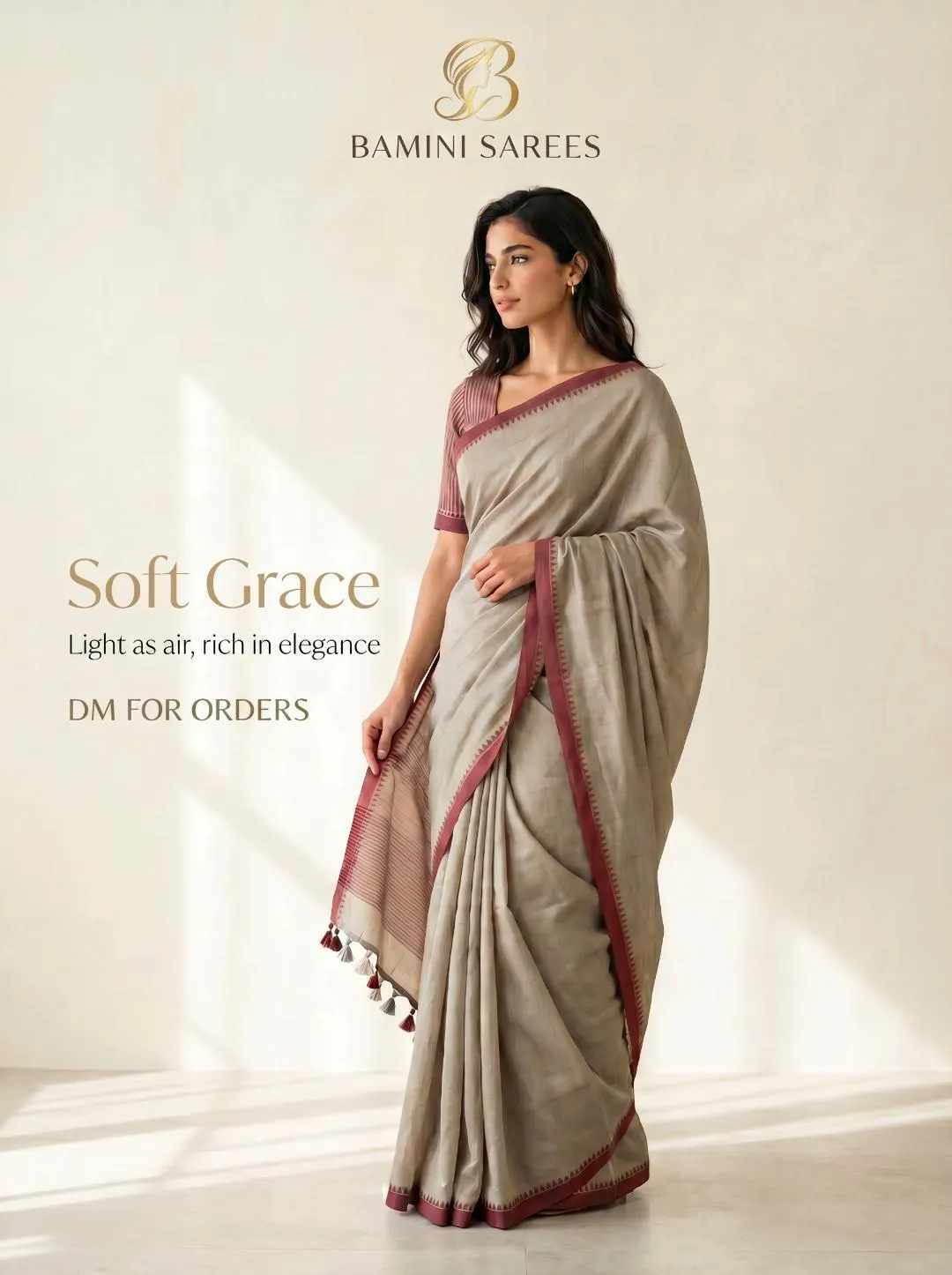 Elegant Ash Grey Silk Saree with Maroon Temple Border
