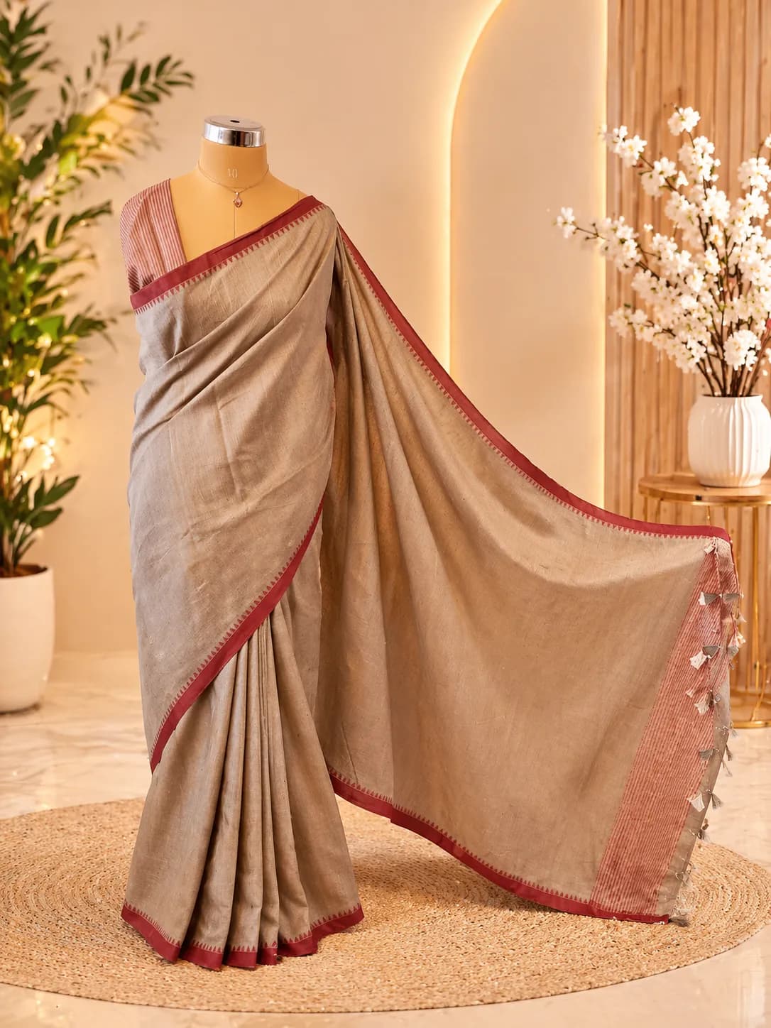 Elegant Ash Grey Silk Saree with Maroon Temple Border