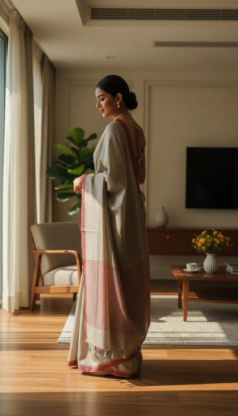 Elegant Ash Grey Silk Saree with Maroon Temple Border