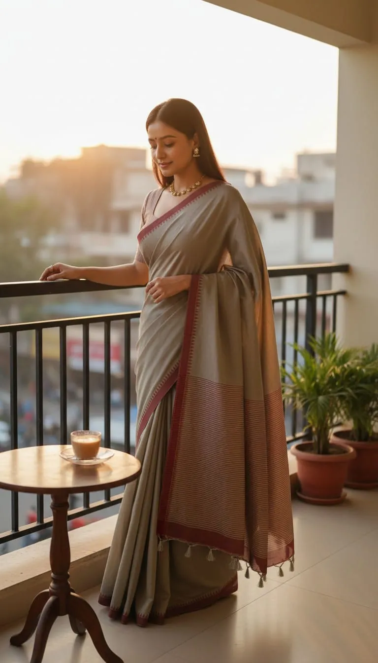 Elegant Ash Grey Silk Saree with Maroon Temple Border
