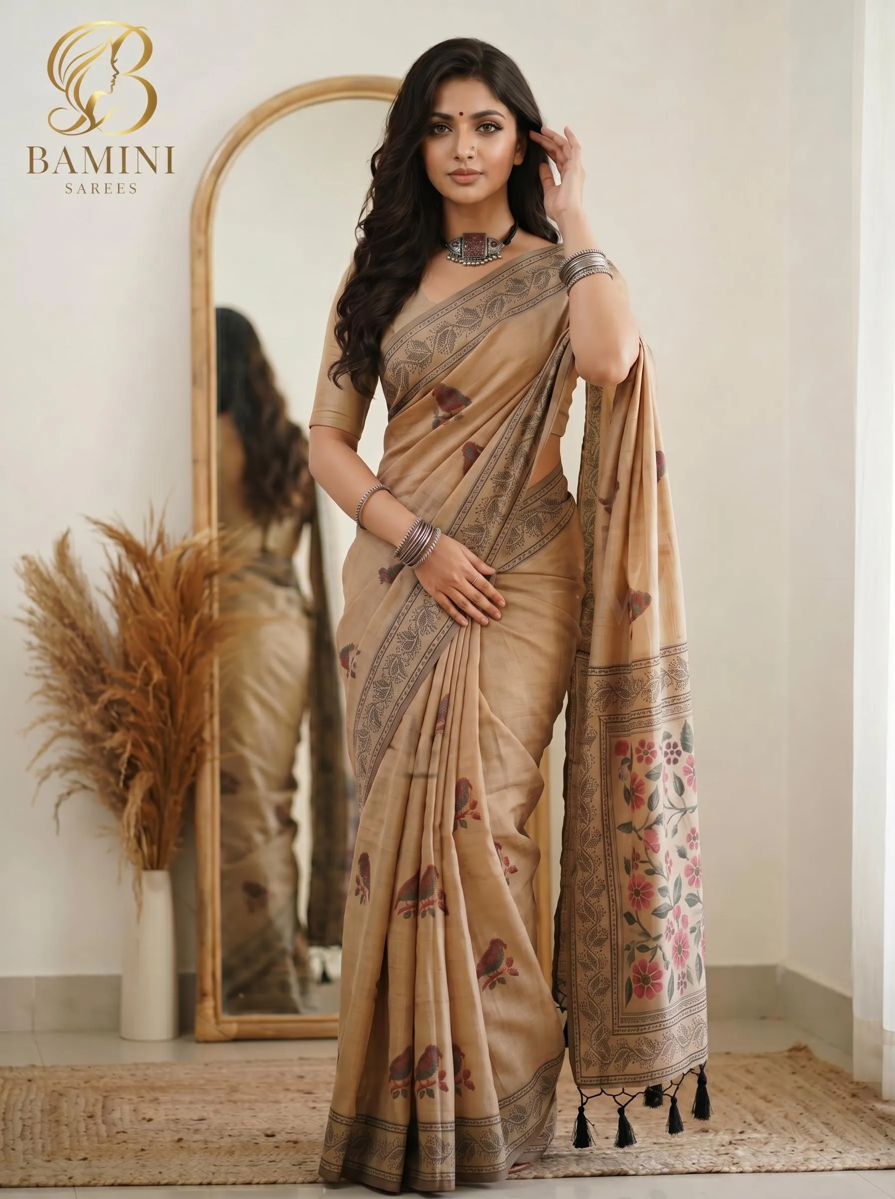 Beige Printed Cotton Silk Saree with Floral Pallu