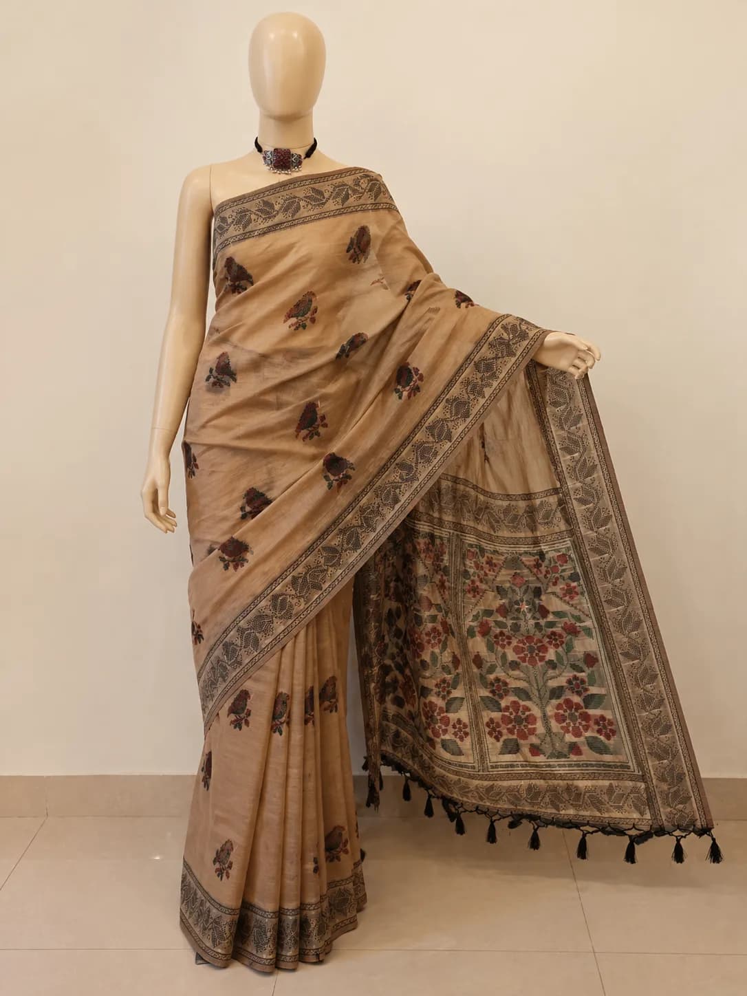 Beige Printed Cotton Silk Saree with Floral Pallu