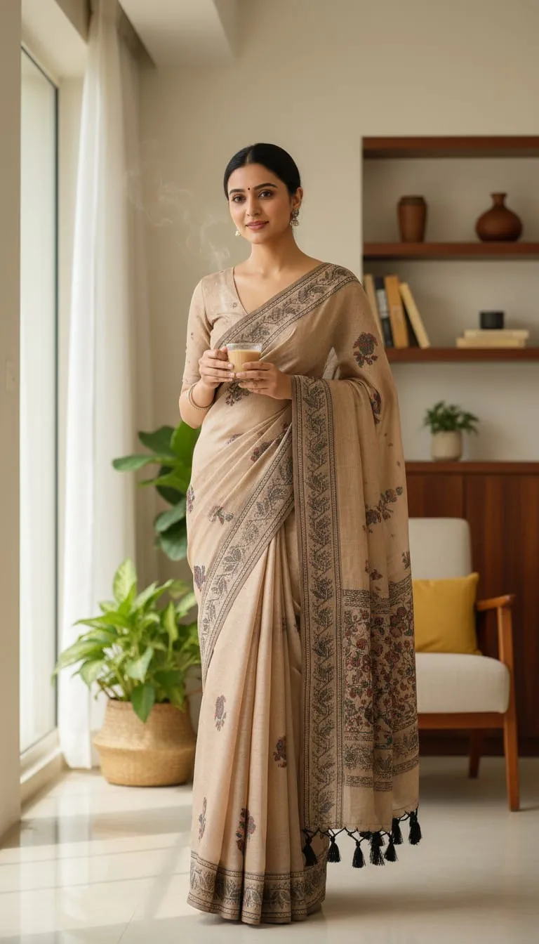 Beige Printed Cotton Silk Saree with Floral Pallu