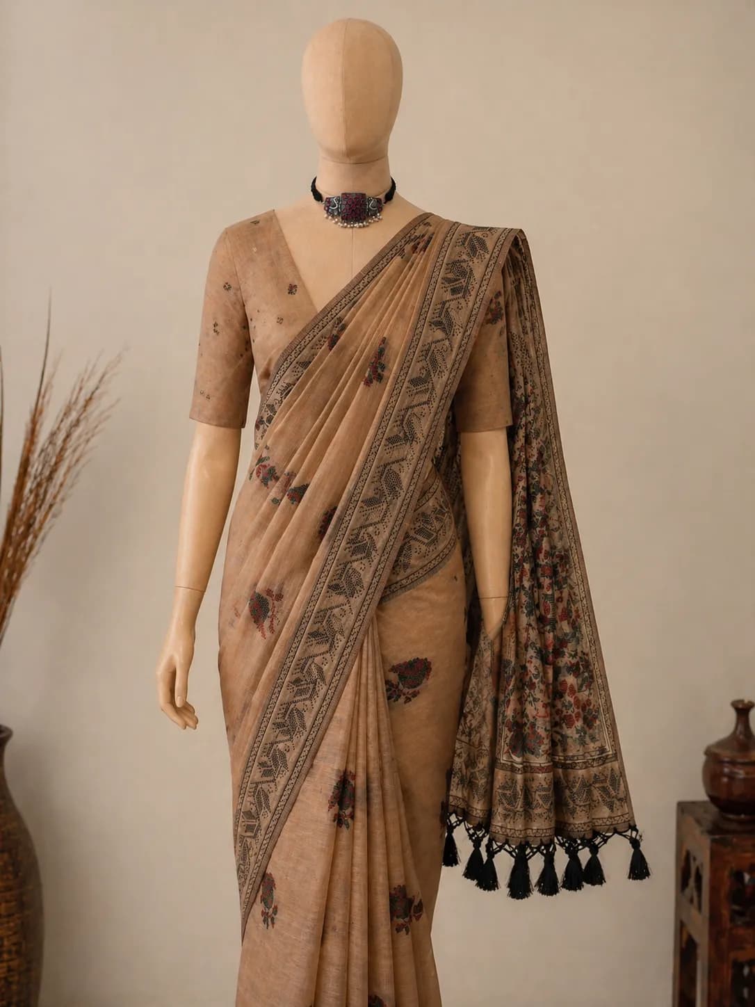 Beige Printed Cotton Silk Saree with Floral Pallu