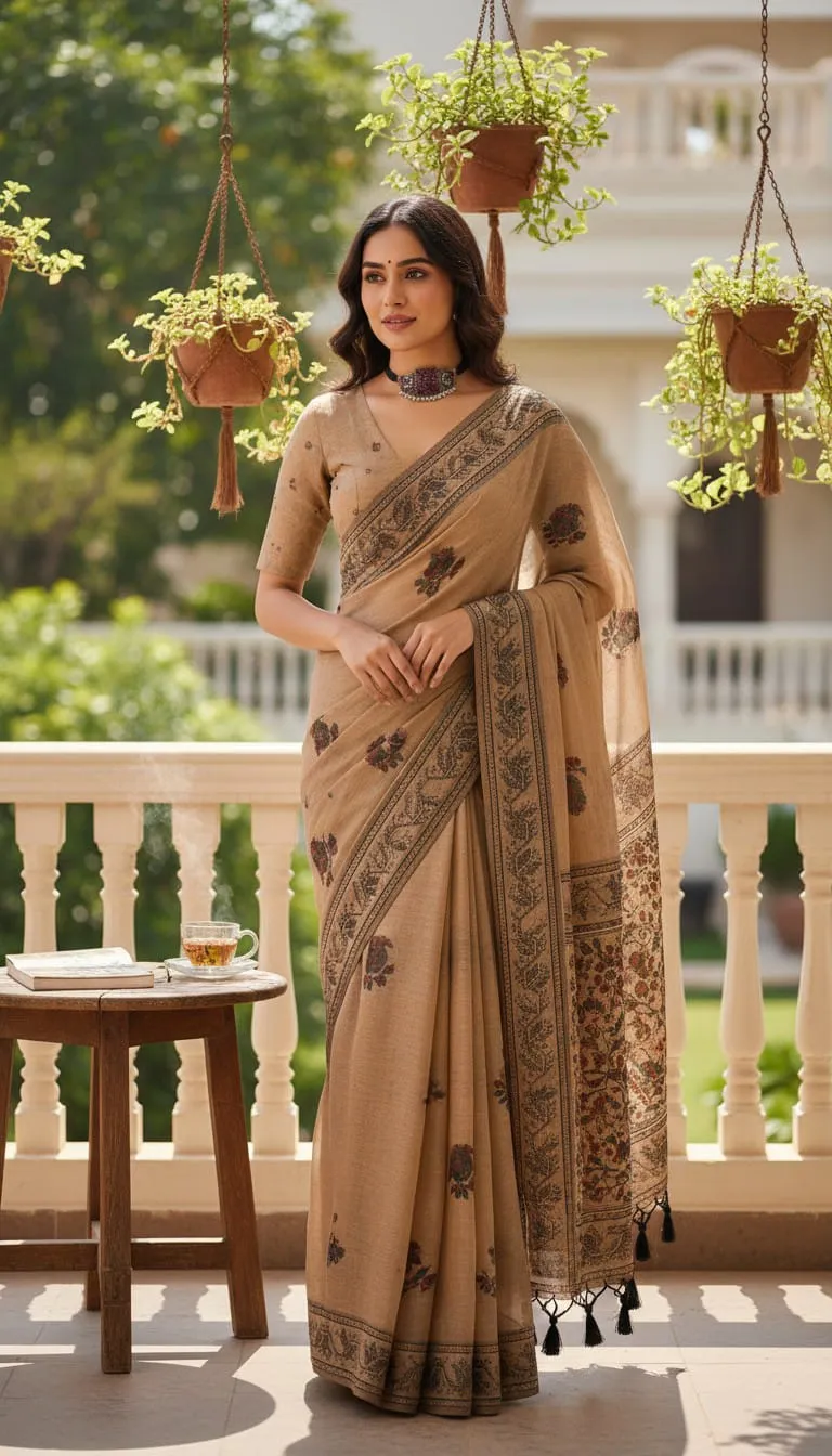 Beige Printed Cotton Silk Saree with Floral Pallu