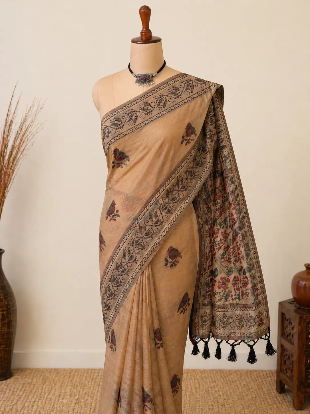 Beige Printed Cotton Silk Saree with Floral Pallu