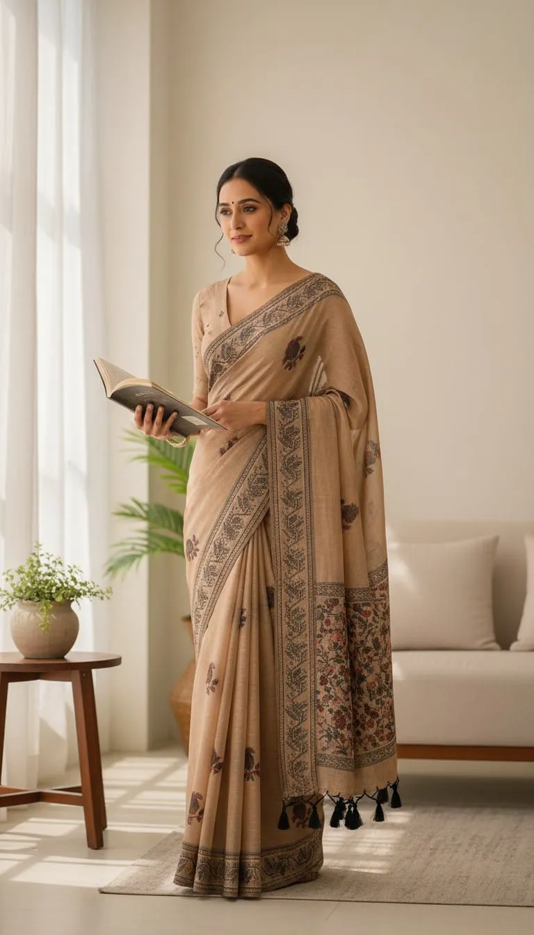 Beige Printed Cotton Silk Saree with Floral Pallu