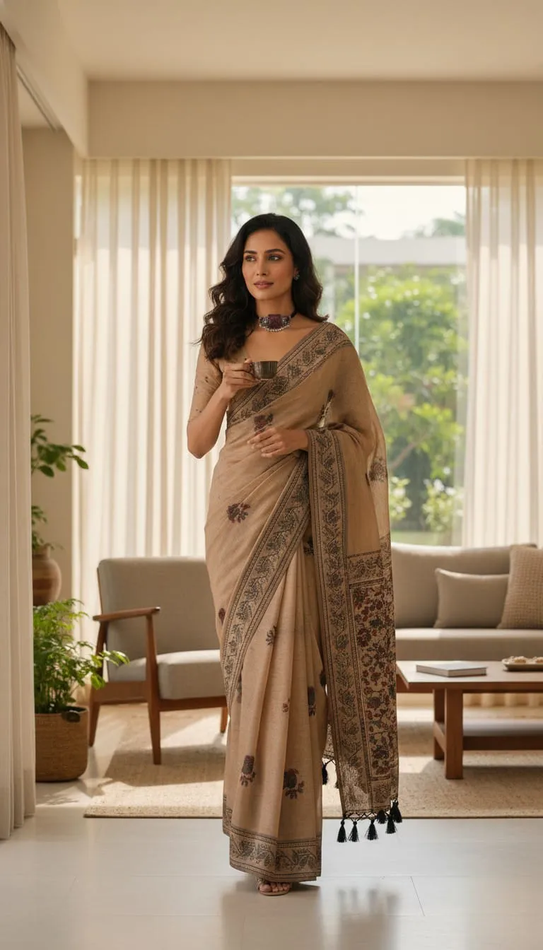 Beige Printed Cotton Silk Saree with Floral Pallu