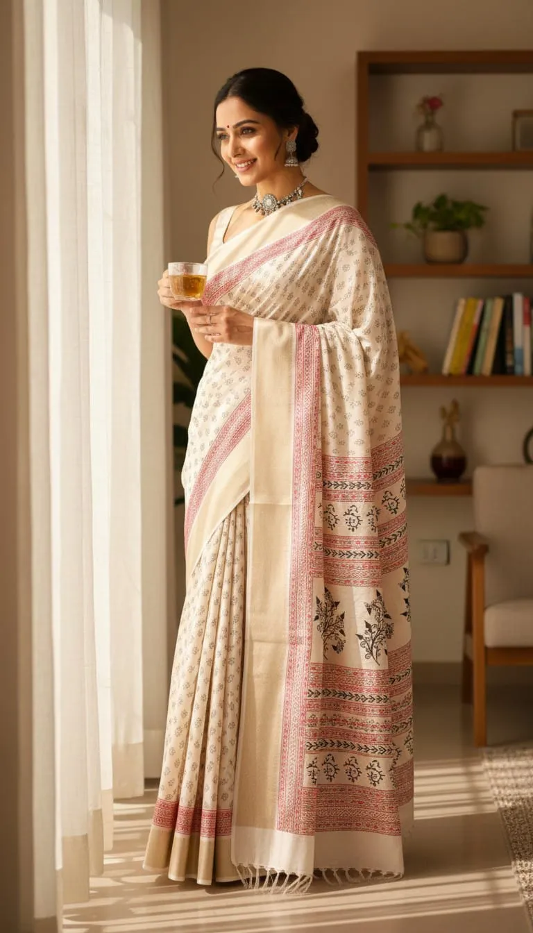 Ivory Soft Tussar Printed Saree