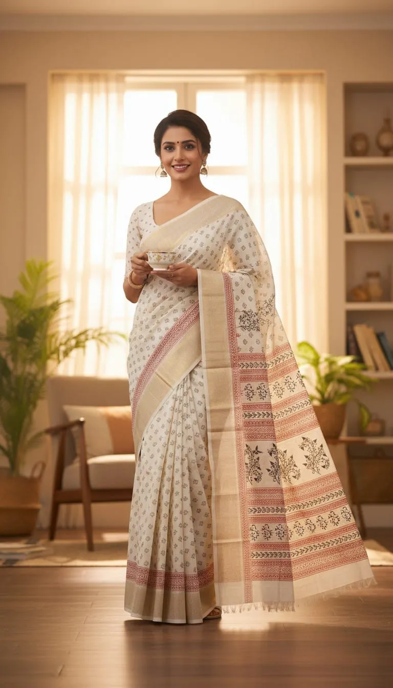 Ivory Soft Tussar Printed Saree