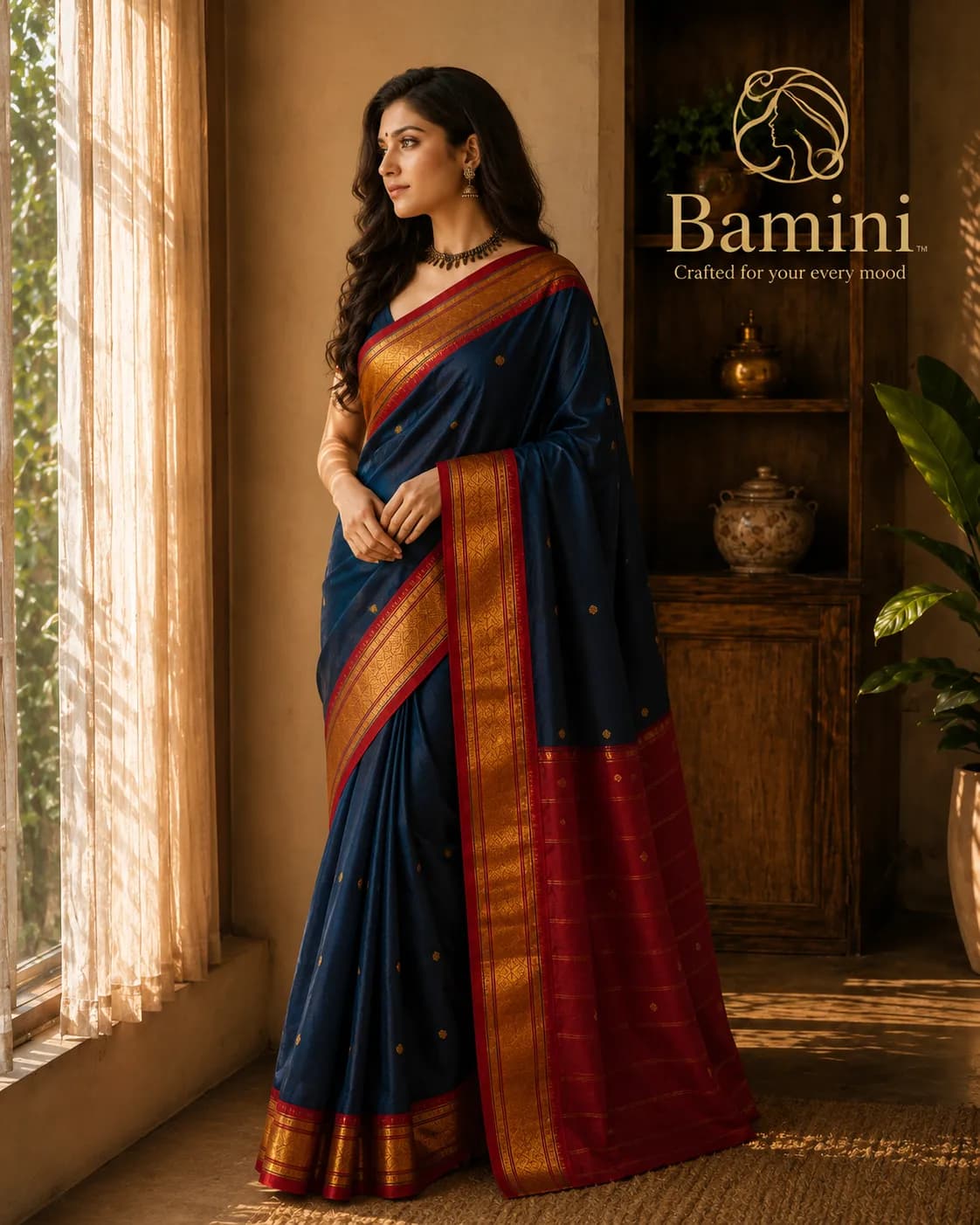 Navy Blue Soft Silk Saree with Rich Red Zari Border