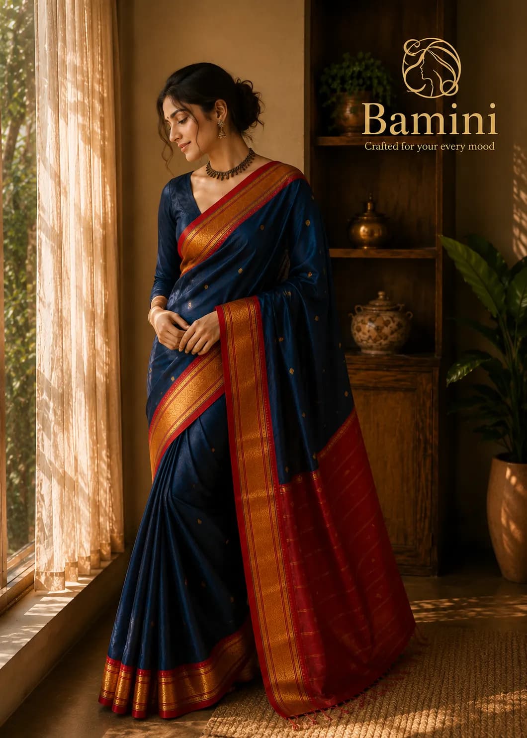 Navy Blue Soft Silk Saree with Rich Red Zari Border