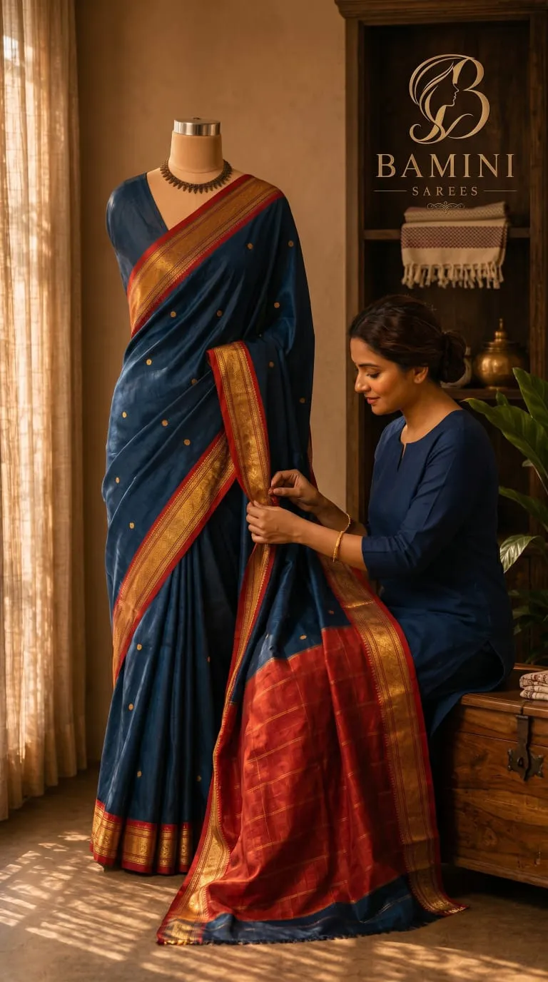 Navy Blue Soft Silk Saree with Rich Red Zari Border